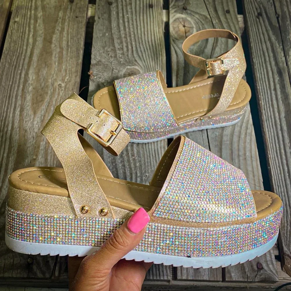 NEW Sparkling Rainbow Rhinestone Open Toe Sandals Flat Platform Heel Ank…